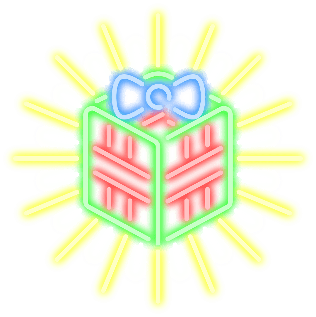 Vibrant Transparent Neon Christmas Gift Icon with Glow