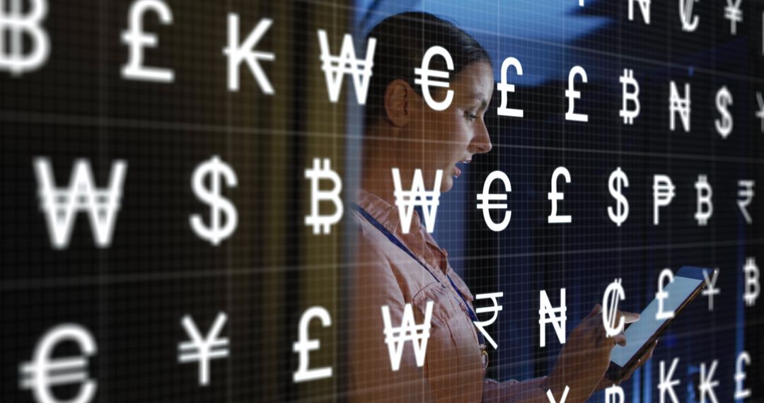 Businesswoman Using Tablet with Global Currency Symbols - Free Images, Stock Photos and Pictures on Pikwizard.com