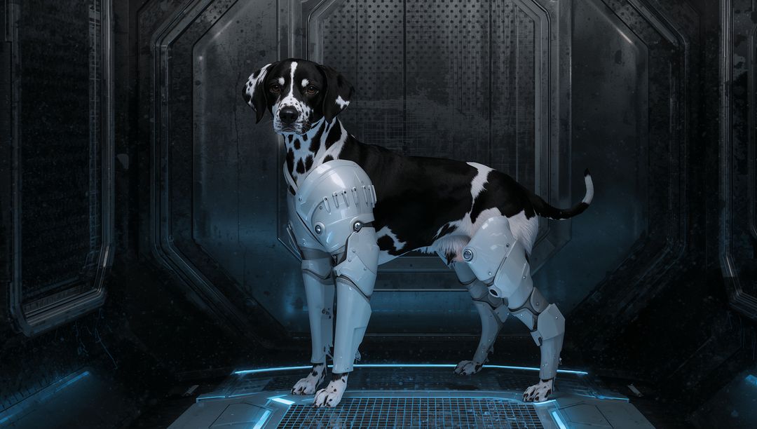 Standing Dalmatian Wearing Cybernetic Exo-Armor in Futuristic Lab with Blue LED Glow