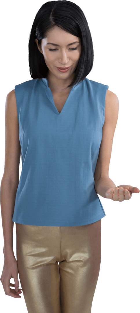 Woman Holding Invisible Object on Transparent Background