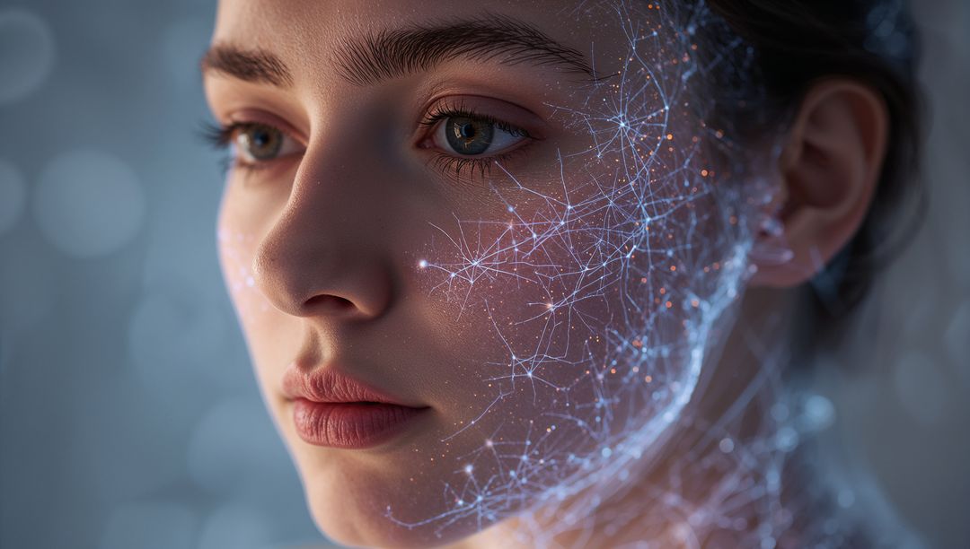 Futuristic female face with glowing neural network overlay and luminescent bokeh