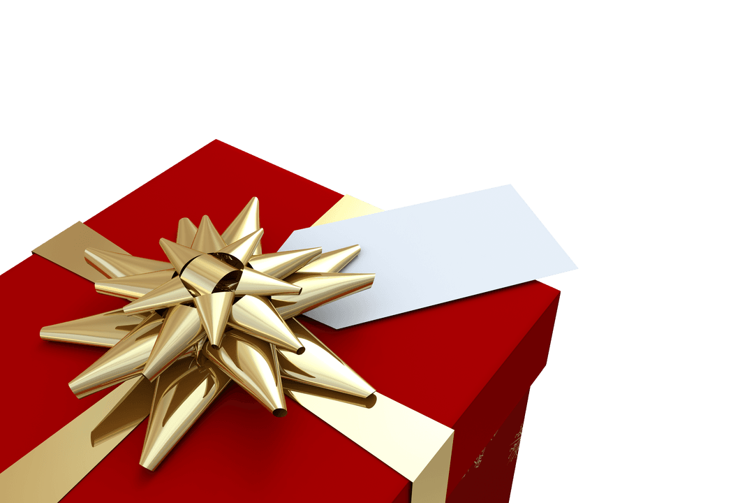 Red and Gold Wrapped Gift Box with Tag on Transparent Background