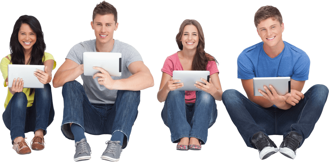 Transparent Smiling Group Sitting with Tablets in Relaxed Scene
