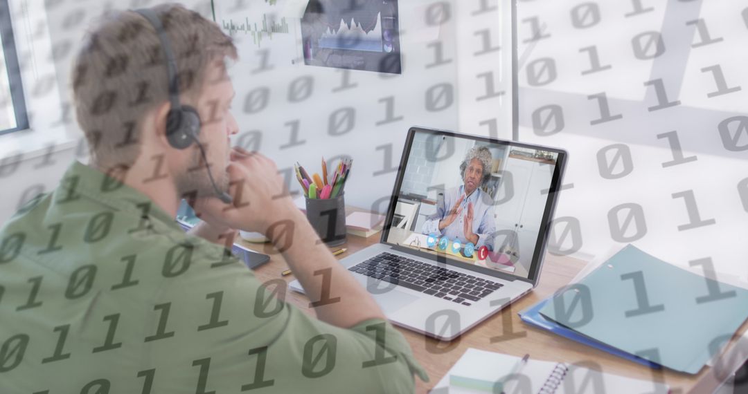Businessman Video Conferencing with Binary Code Overlay