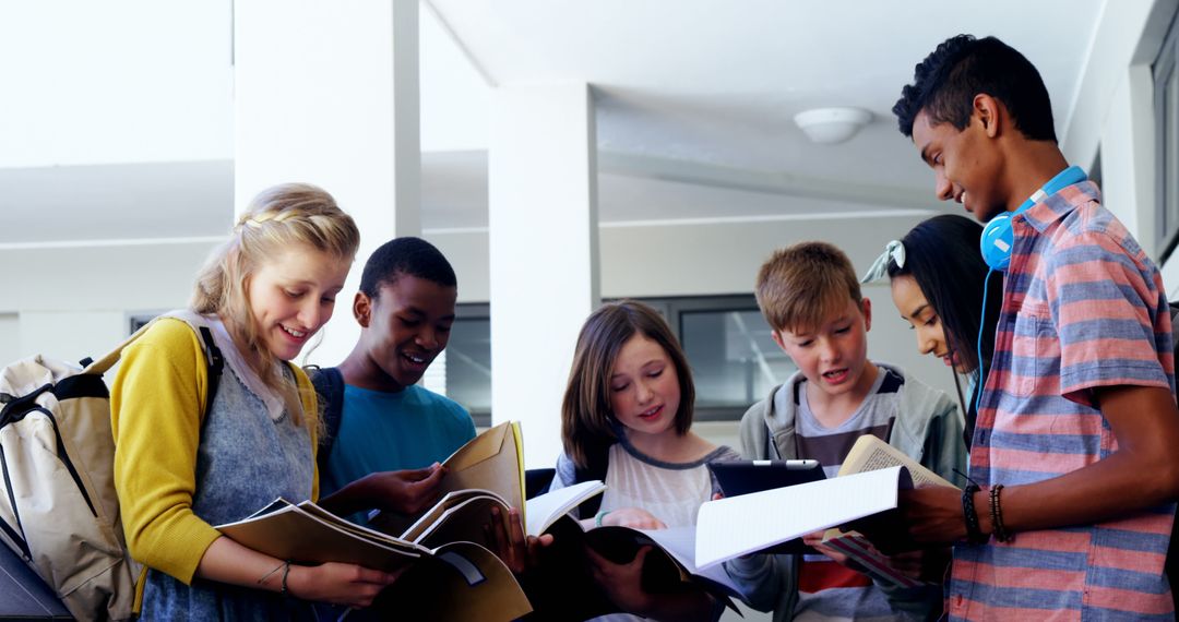 Diverse Students Studying Together Higher-Floor School Hall