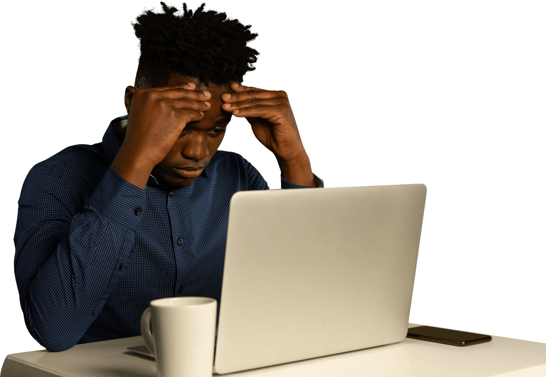 Stressed Man Reflecting on Solutions at Laptop in Tranquil Setting