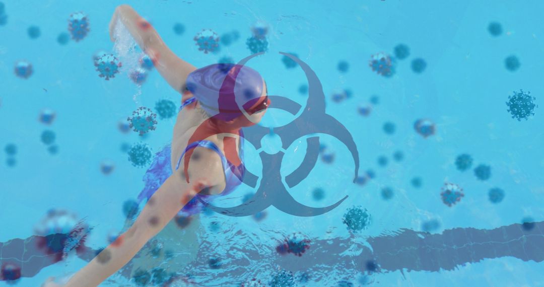 Swimmer Amid Biochemical Danger Symbols Illustrating Covid-19 Concerns