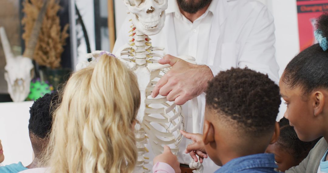 Teacher and Students Engaged with Skeleton Model in Biology Class