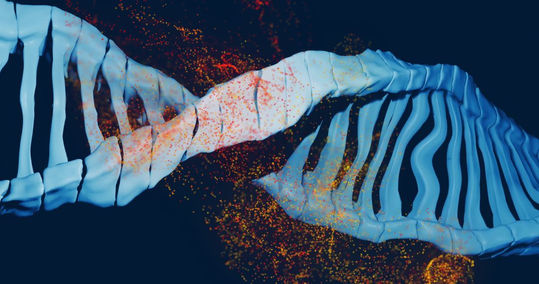 Digital DNA Strand with Glowing Particles on Dark Background
