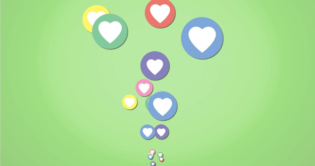Colorful Floating Heart Icons on Green Background