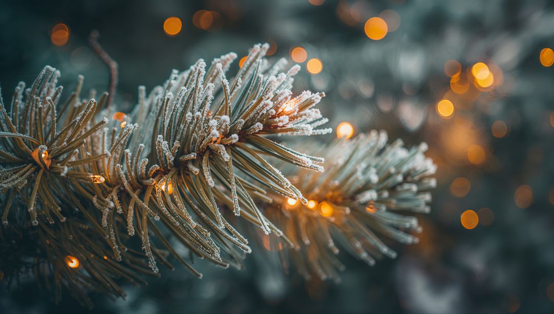 Frosted Pine Branch Glowing with Amber Lights and Hoarfrost Bokeh for Festive Winter Mood