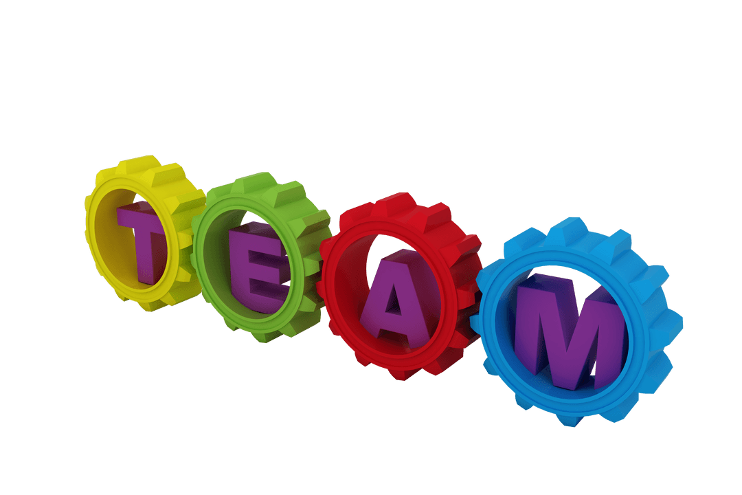 Colorful TEAM Letters in Gears on Transparent Background