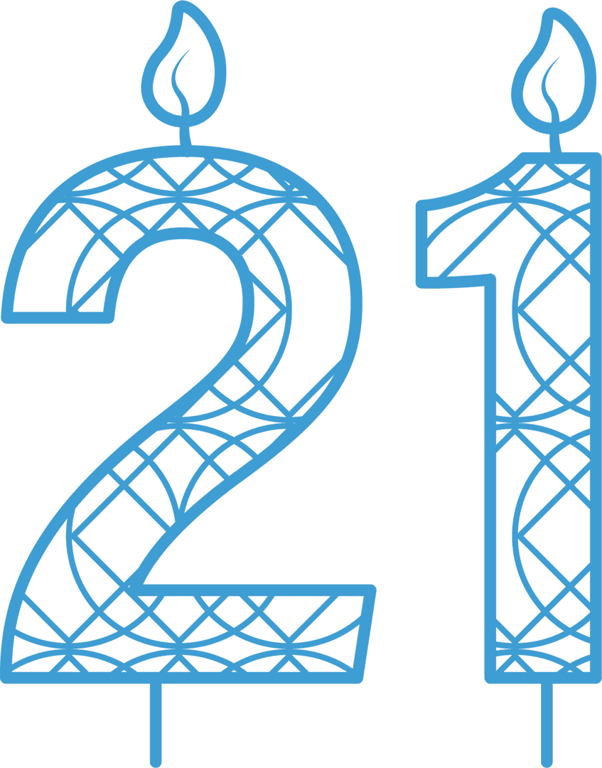 Blue 21 Birthday Candle with Intricate Pattern, Transparent Background