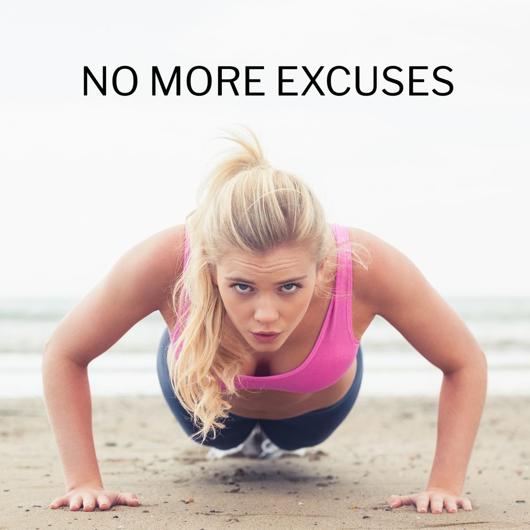 Focused Woman in Push-Ups on Beach Illustrating Determination