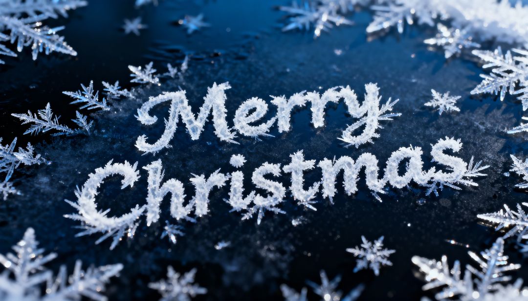 Merry Christmas Frost Typography with Sparkling Snowflake Crystals on Frozen Blue Surface