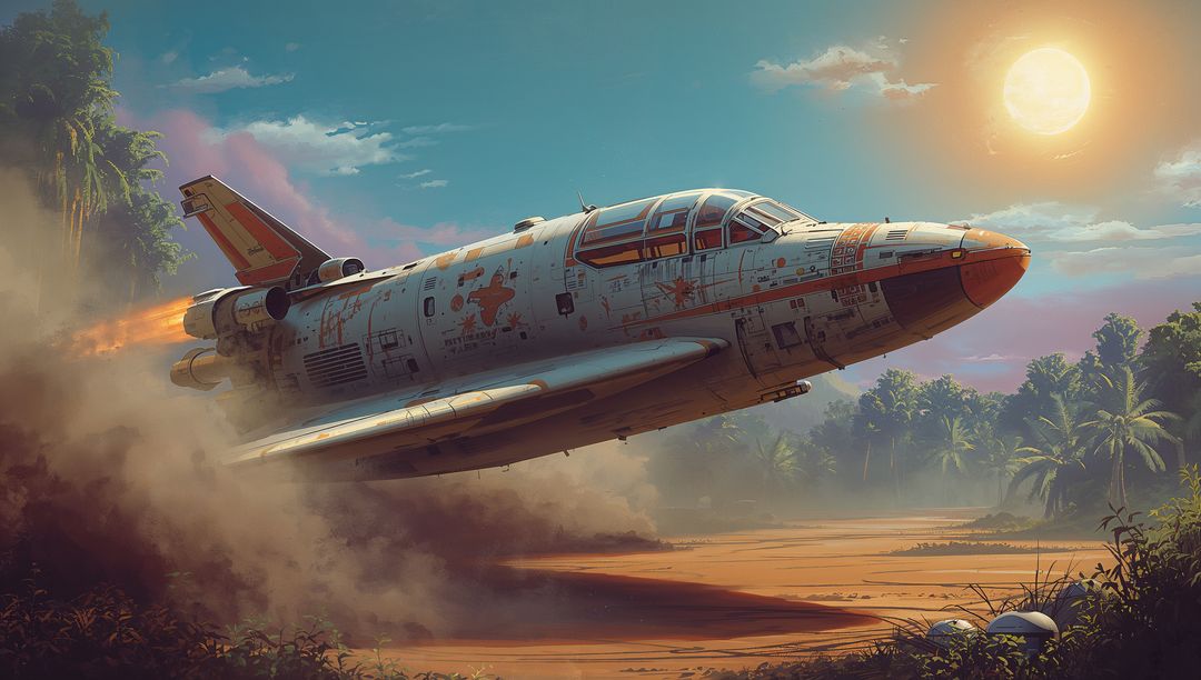 Rusty twinjet skimming jungle clearing, engines spitting fire, sunset glow over rainforest