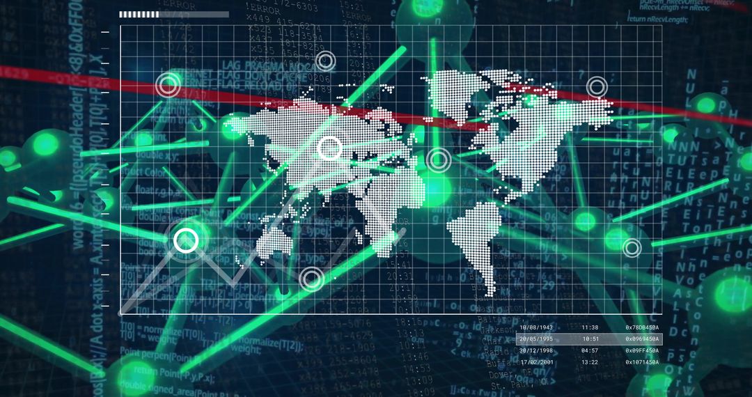 Global Cyber Network Connecting Green Nodes with World Map