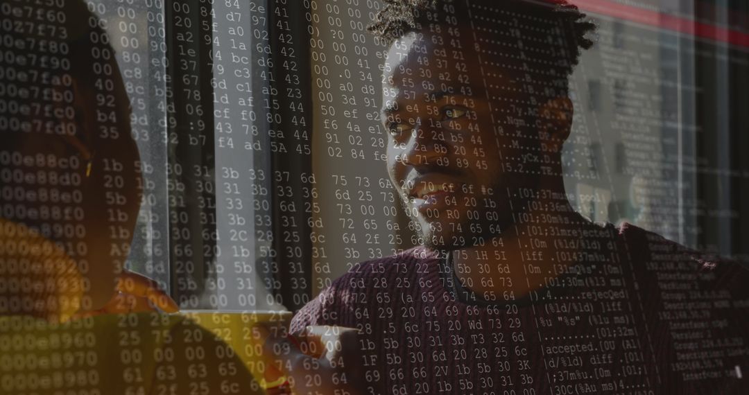 Couple Discussing Overlaid Data Visualization Concept