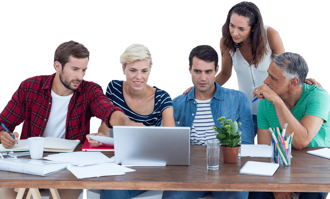 Team Collaboration Around Laptop on Transparent Background