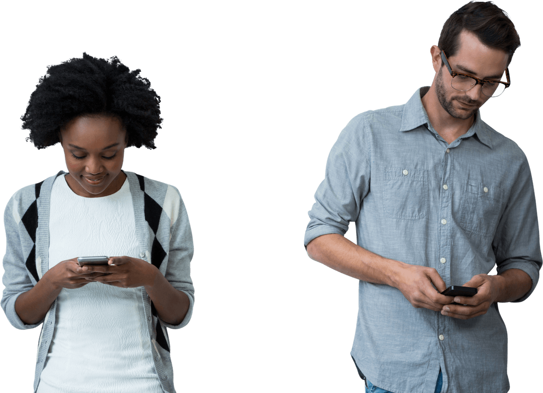 Diverse Individuals Engaged with Smartphones on Transparent Background