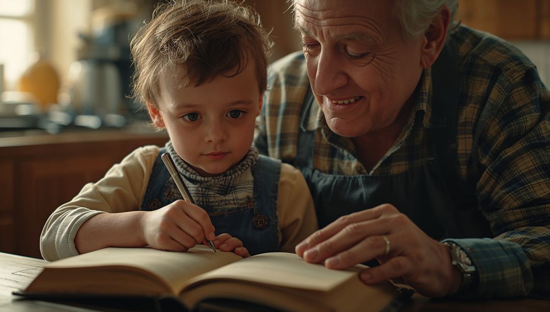 Grandfather Teaching Grandson Writing Skills at Home