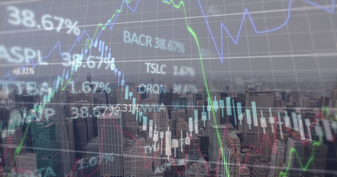 Global Financial Data Overlay on Urban Skyline for Business Concept