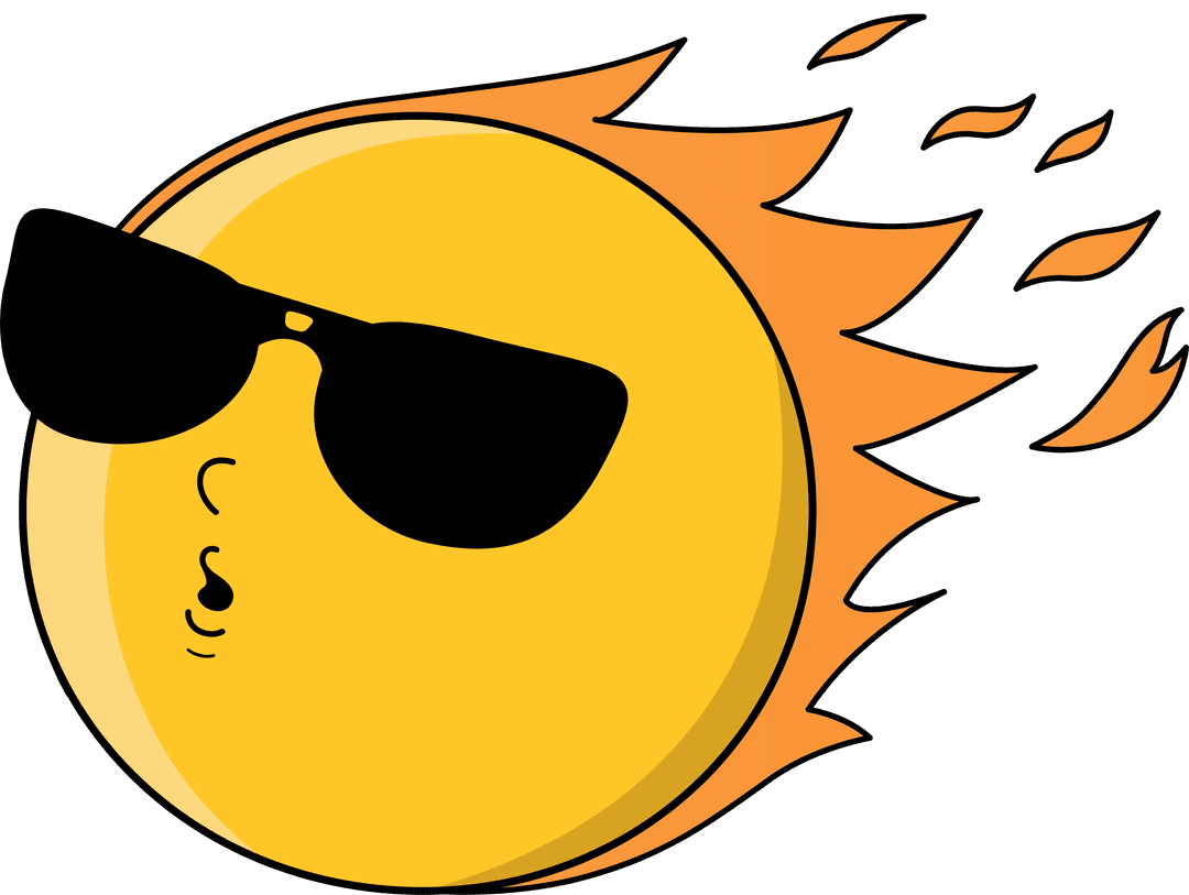 Stylized Flaming Sun with Sunglasses on Transparent Background