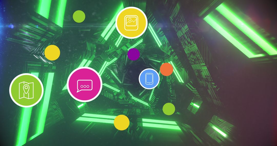 Neon Digital Tunnel with Social Media Interaction Icons