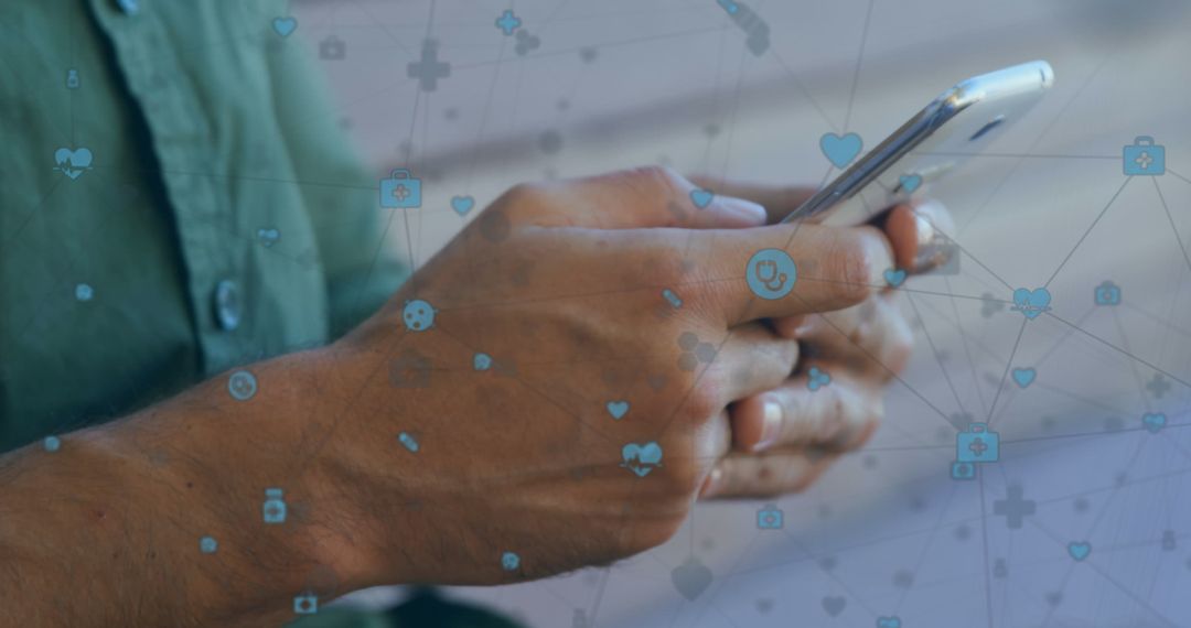 Man Engaging with Smartphone Surrounded by Digital Networking Icons