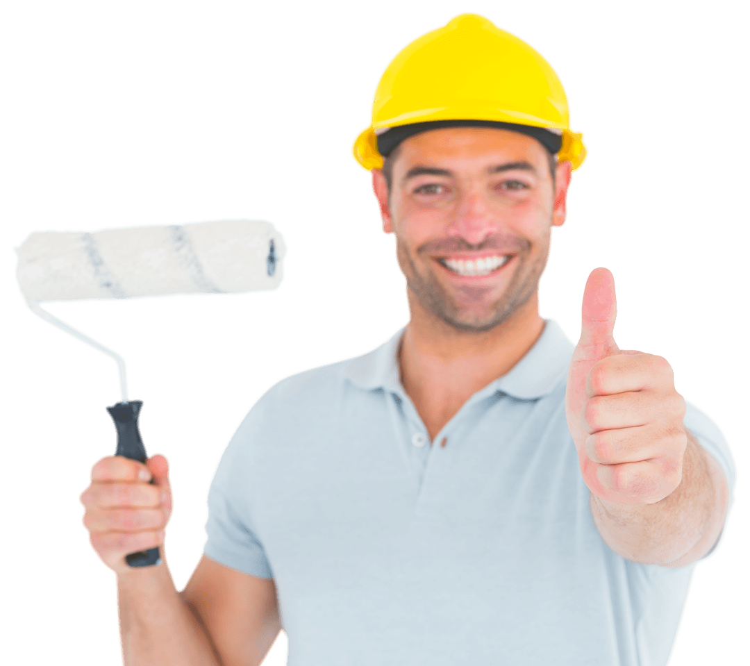 Cheerful Worker with Paint Roller Giving Thumbs Up in Transparent Background
