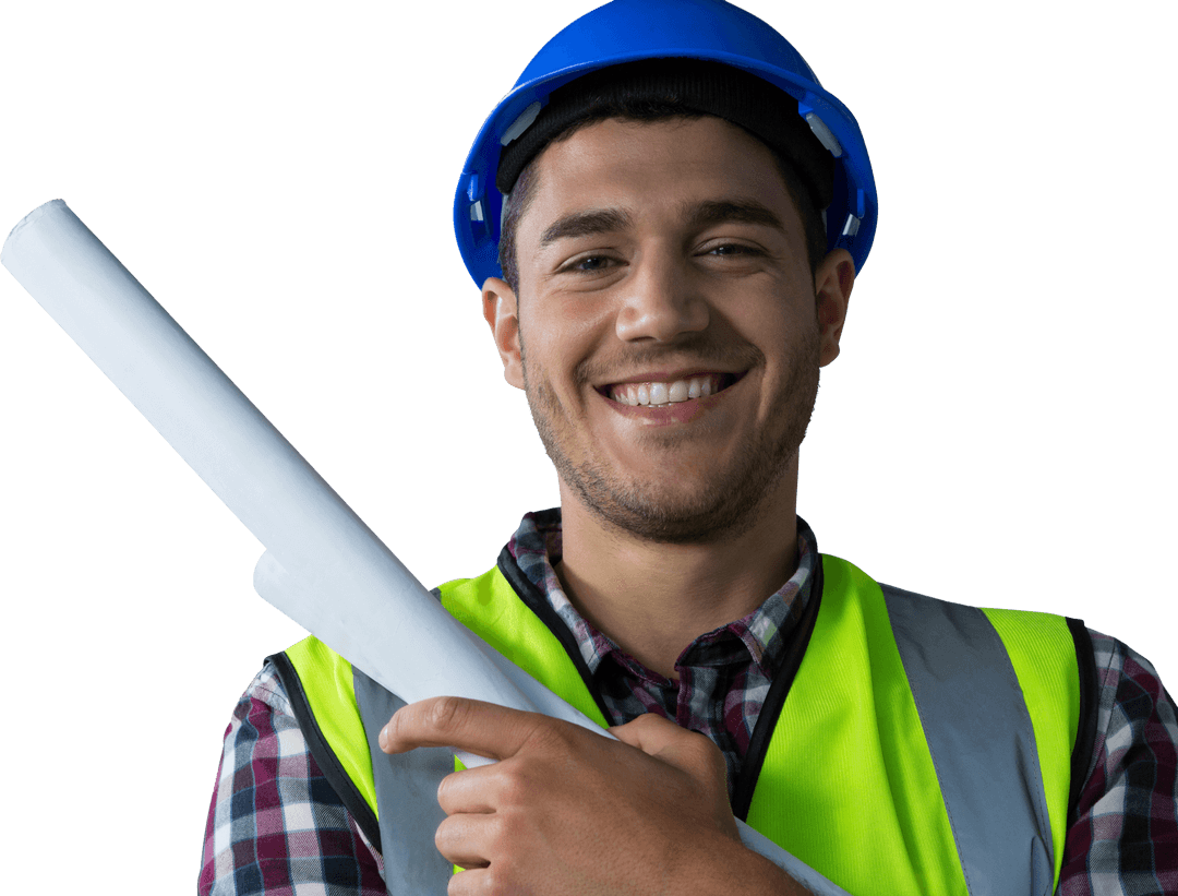 Happy Male Architect Smiling with Blueprints Transparent Background