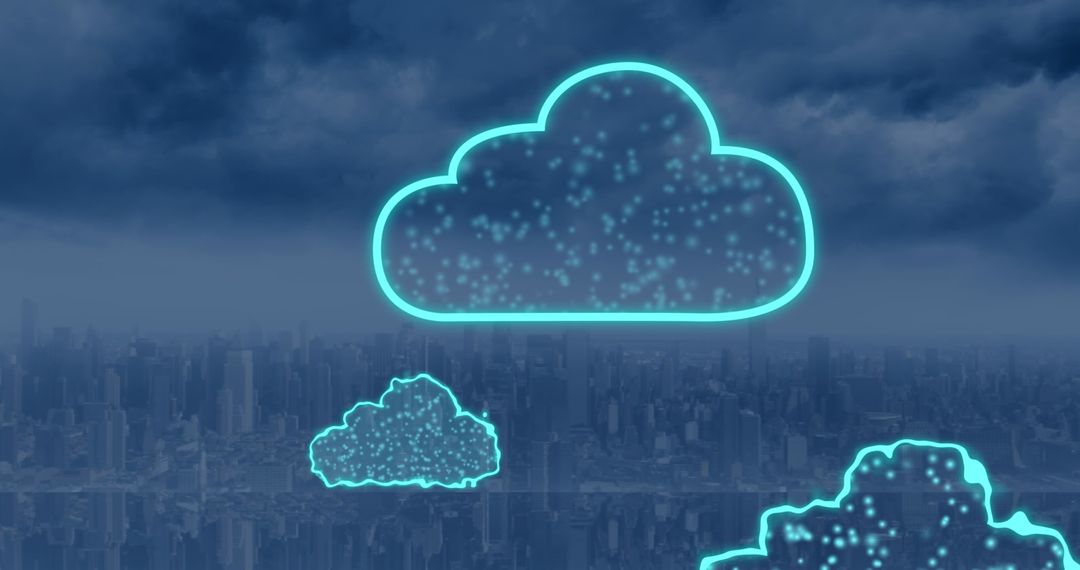 Virtual Clouds Hovering Over Modern Cityscape Illustrating Digital Connectivity