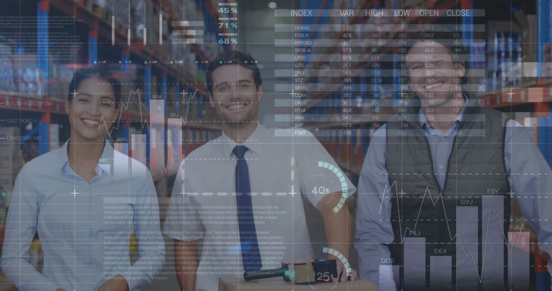 Team of Warehouse Workers Analyzing Digital Financial Data Overlays