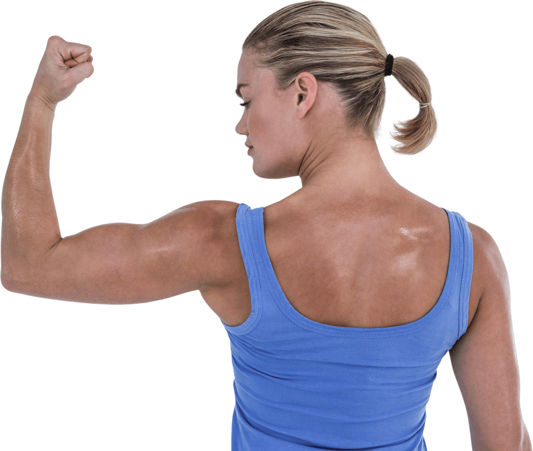 Transparent Rear View Woman Flexing Arm in Fitness Attire