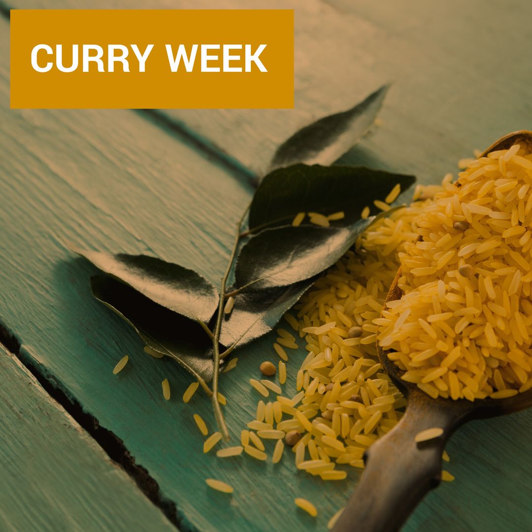 Curry Week Promotion with Herbs and Rice Against Rustic Wooden Table - Download Free Stock Templates Pikwizard.com