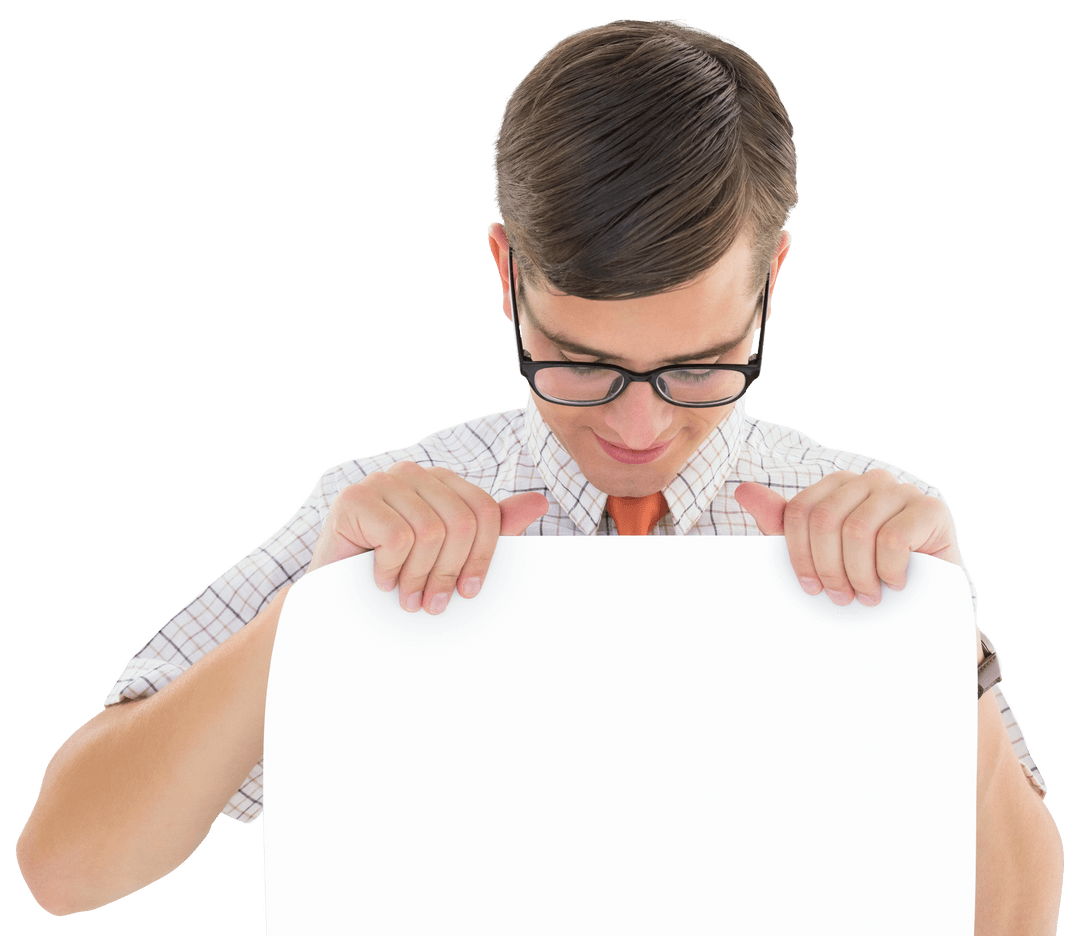 Transparent Background of Male Hipster Holding Blank Card Downwards