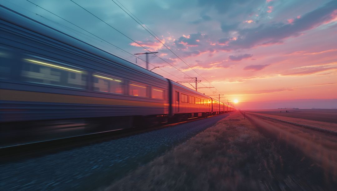 Fast Moving Train at Sunset on Open Plain