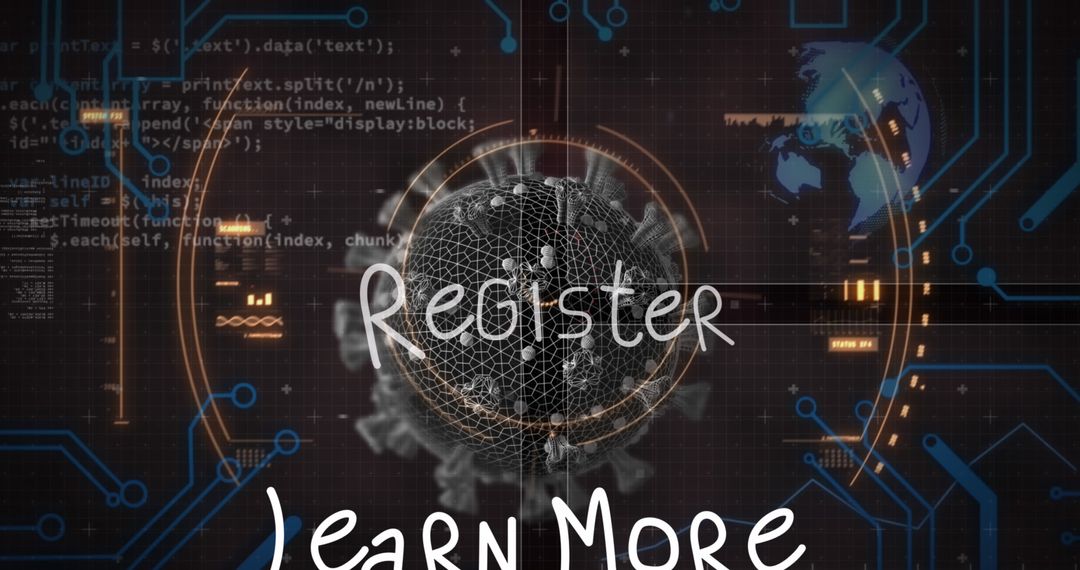 Cyber Tech Interface with Register Text Over Virus Visualization - Free Images, Stock Photos and Pictures on Pikwizard.com