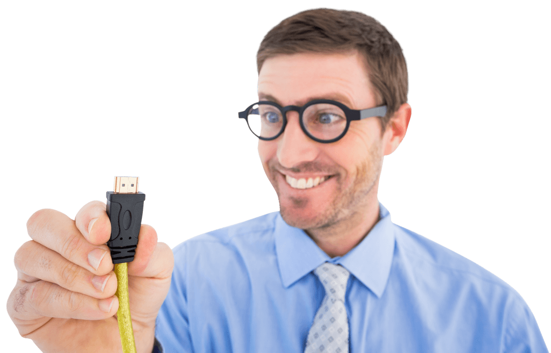 Smiling Businessman Holding HDMI Cable on Transparent Background