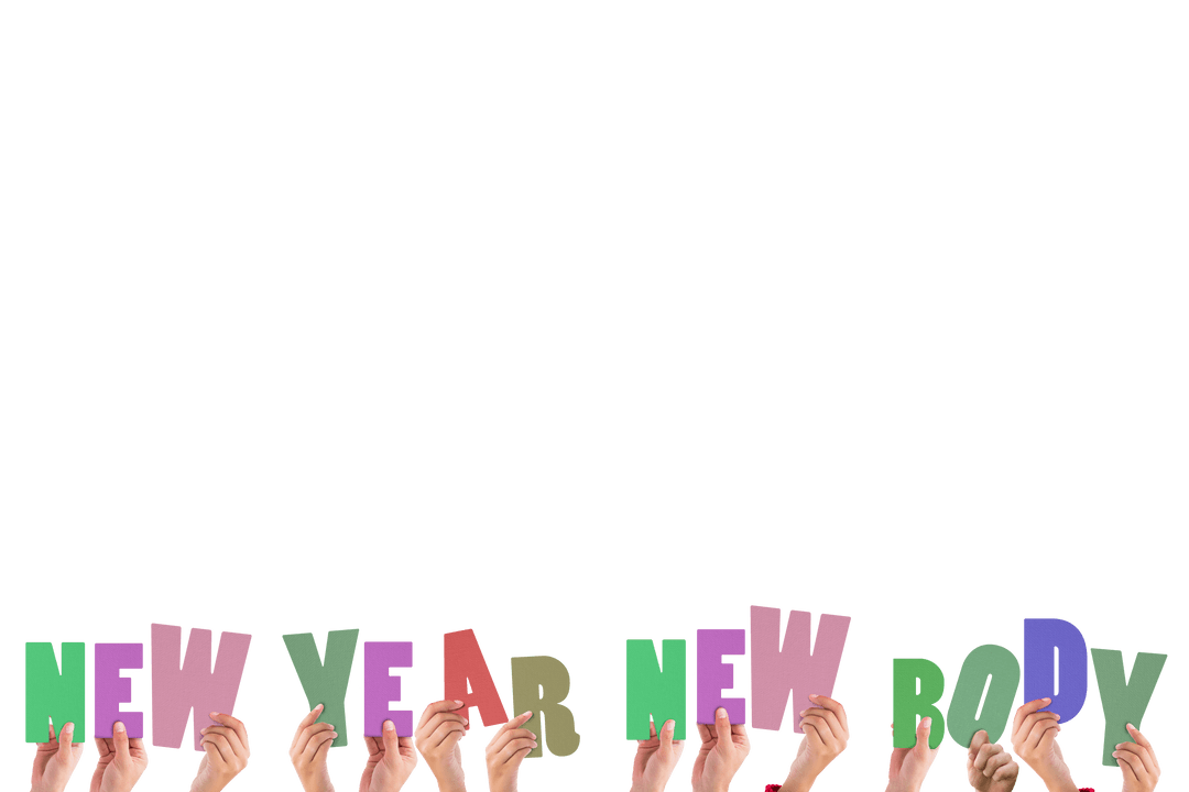 Hands Holding Motivational New Year New Body Text on Transparent