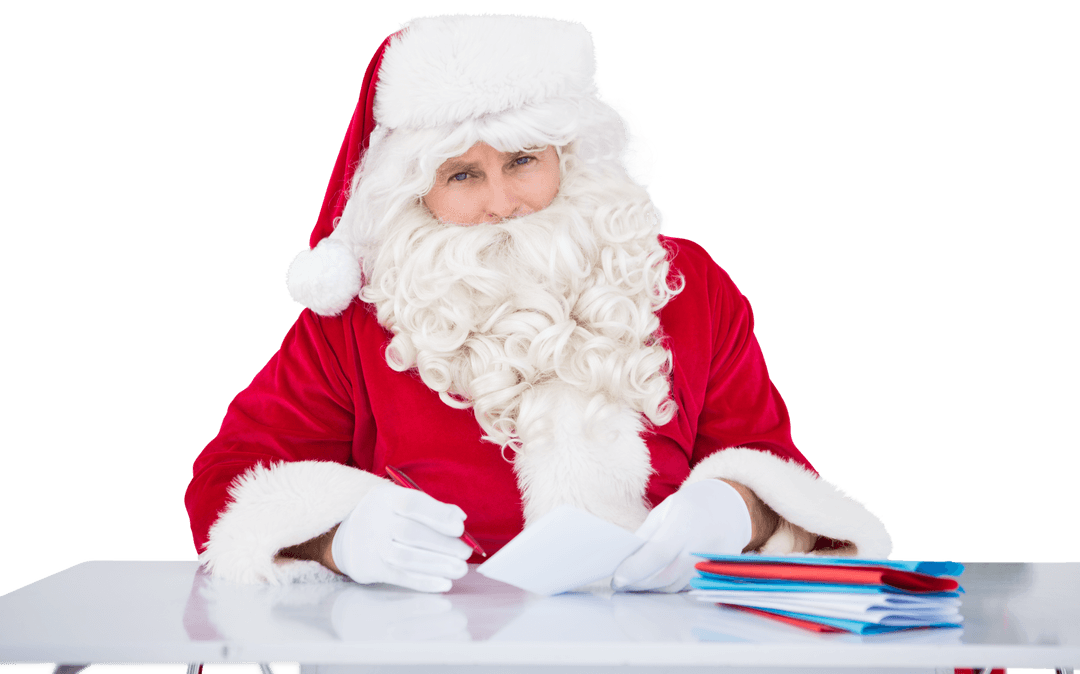 Santa Claus Receiving Letters at Desk on Transparent Background