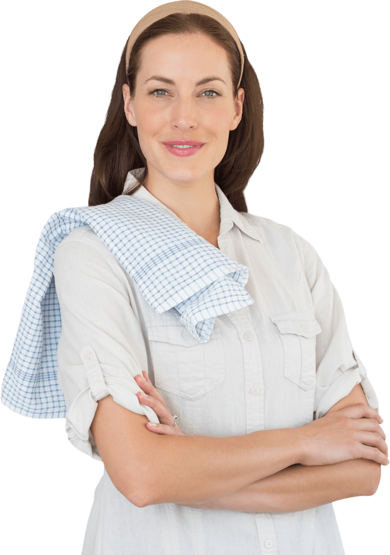 Confident Woman With Checkered Towel on Shoulder Transparent Background