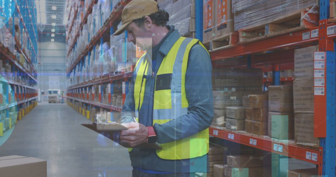 Worker Inspecting Inventory in Large Warehouse Facility - Free Images, Stock Photos and Pictures on Pikwizard.com