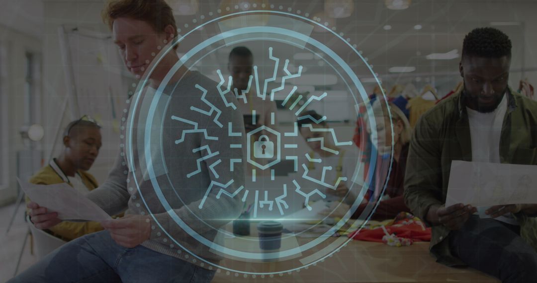 Creative Fashion Designers Collaborating with Cybersecurity Overlay