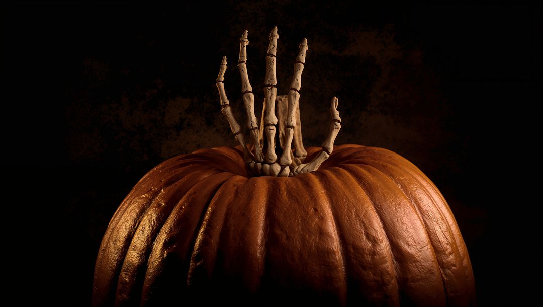 Skeletal Hand Emerging from Orange Pumpkin for Halloween Theme
