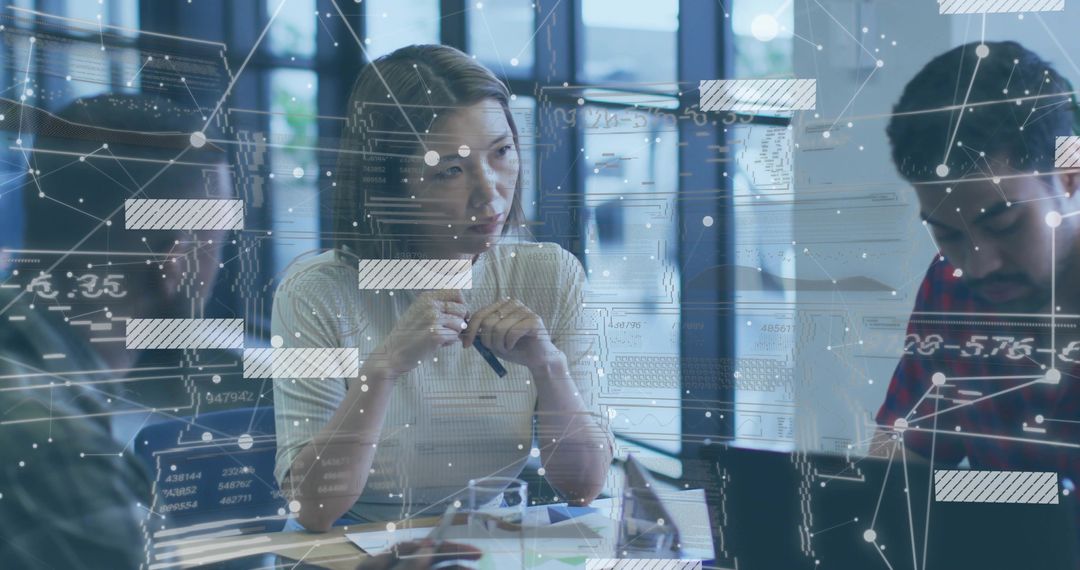 Female leader guiding analytics collaboration meeting with laptop, data visualization and documents