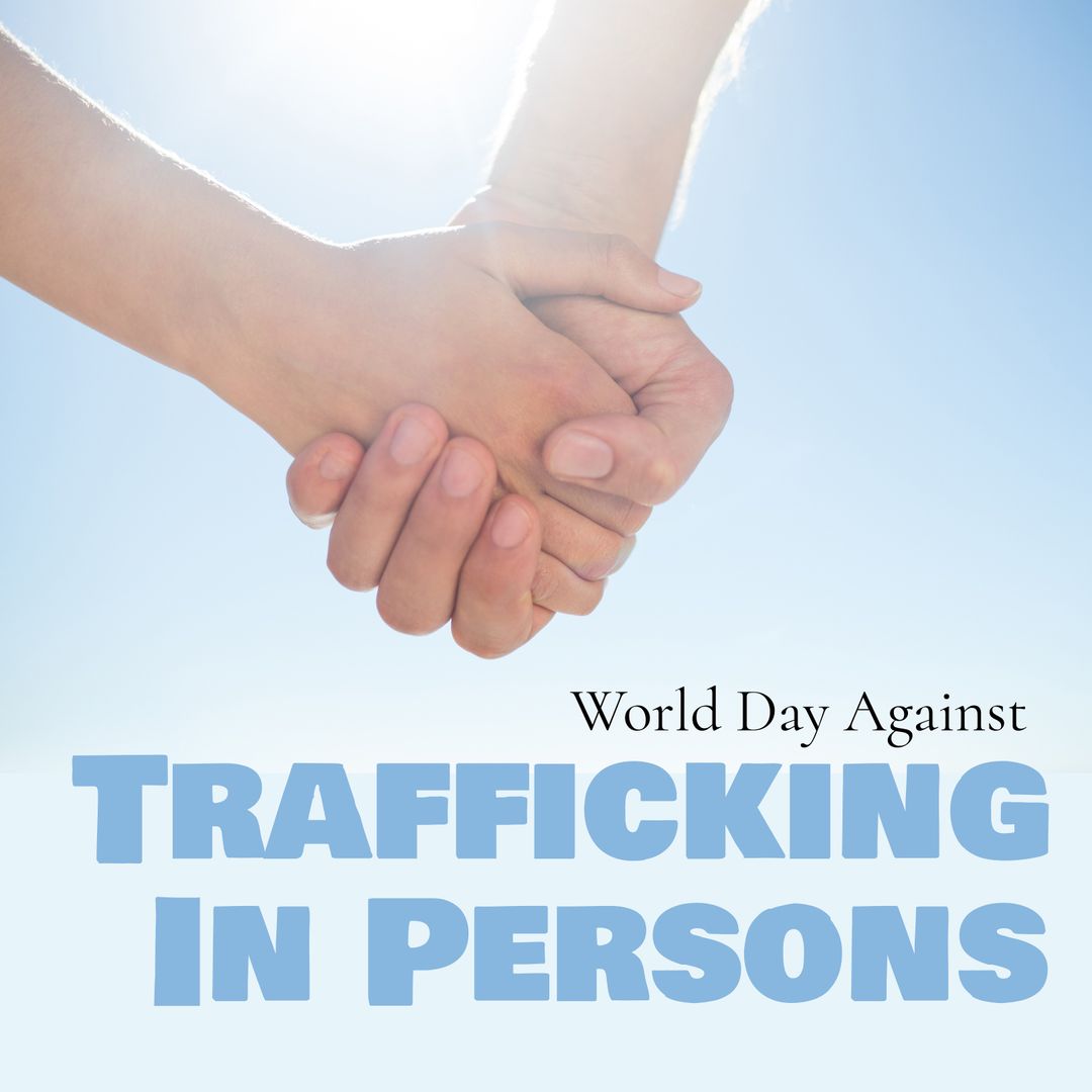 Hands Clasping with Anti-Trafficking Awareness Message Against Sky