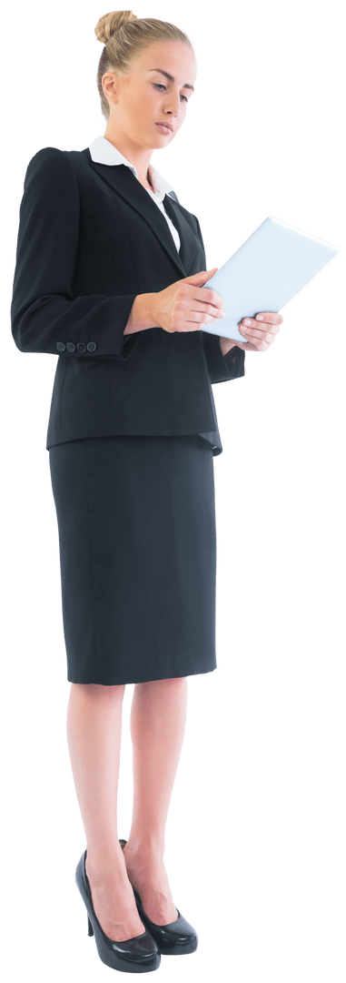 Transparent Businesswoman Analyzing Tablet Technology