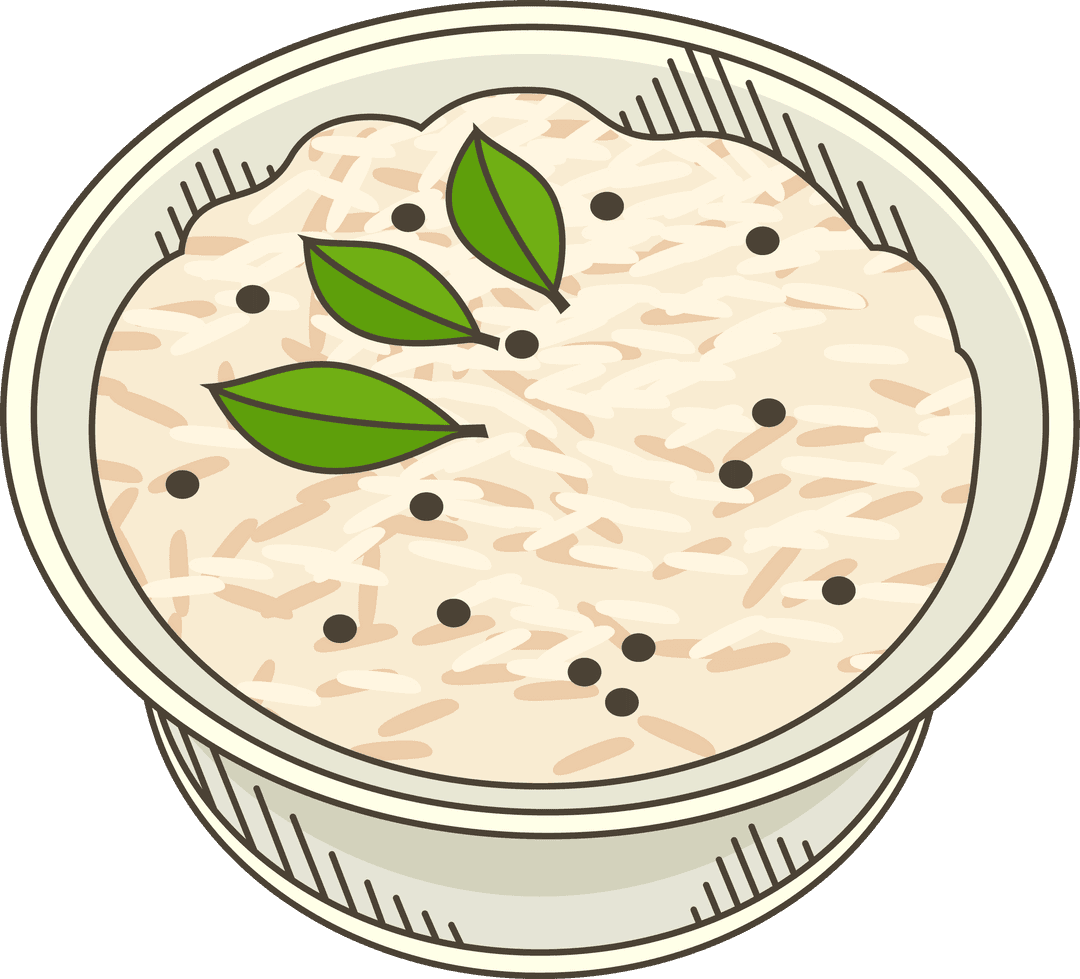 Cartoon Bowl of Rice with Peppercorns and Leaves on Transparent Background