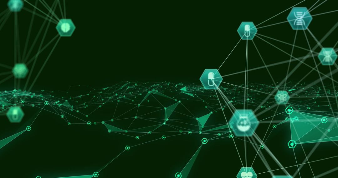 Futuristic Network with Technology Icons on Green Background